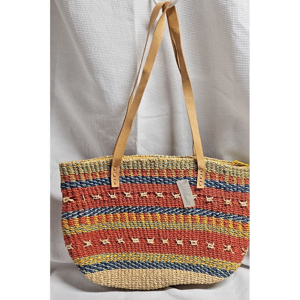 NWT Embellishments striped woven bucket tote‎ sisal braided w/ leather straps
